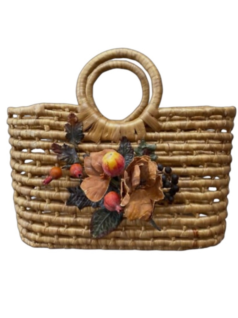 Handcrafted Woven Grass Reed Tote Handbag 16”x13”x 6” Floral Accent Summer